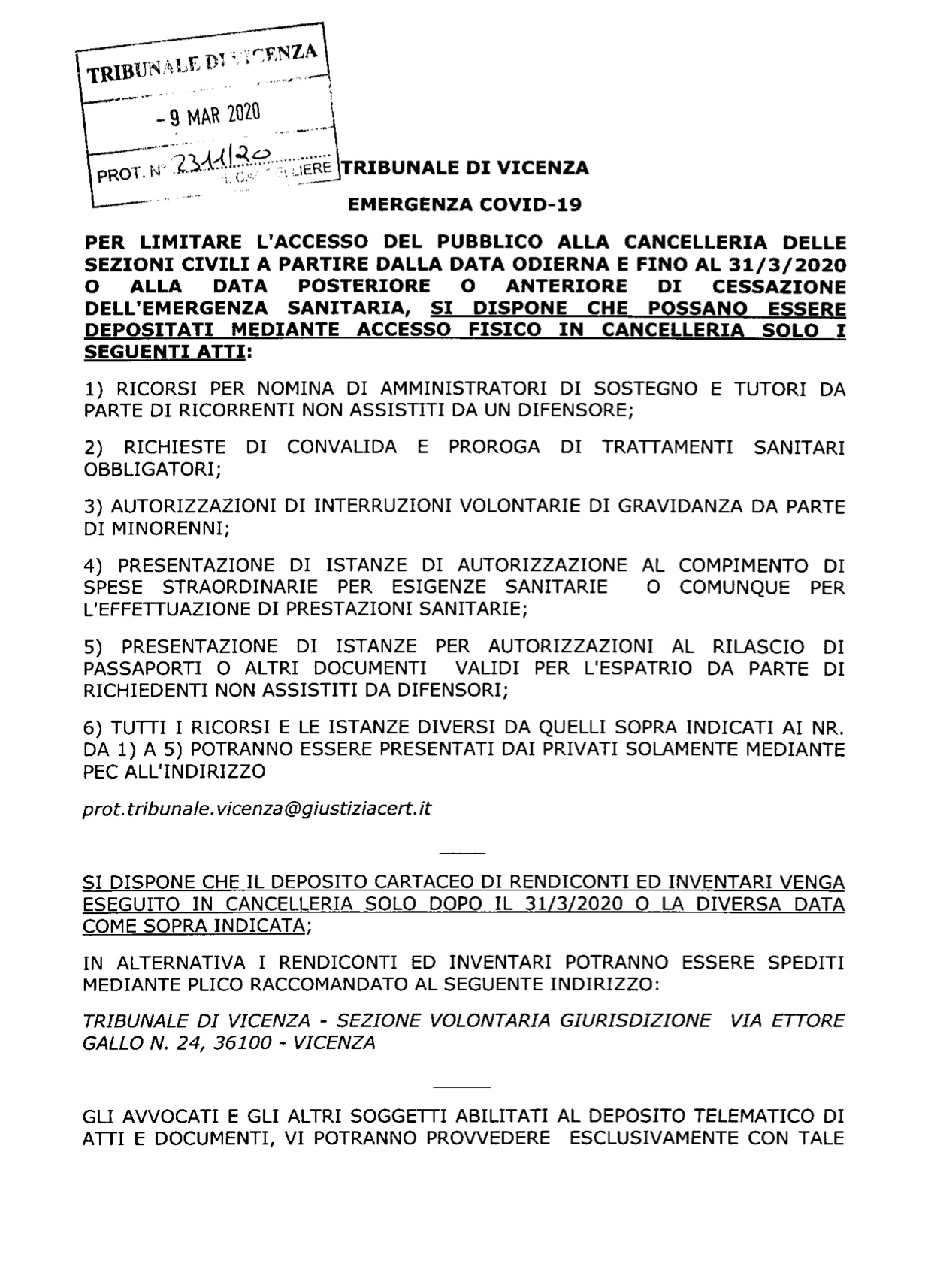 Provvedimento Presidente Tribunale di Vicenza 9.03.2020